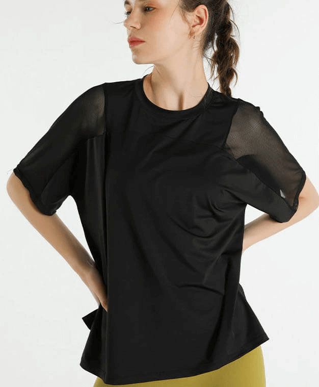 Women's black mesh short sleeve t-shirt for workouts, ideal for running, fitness, and sports. Breathable and quick-dry fabric.